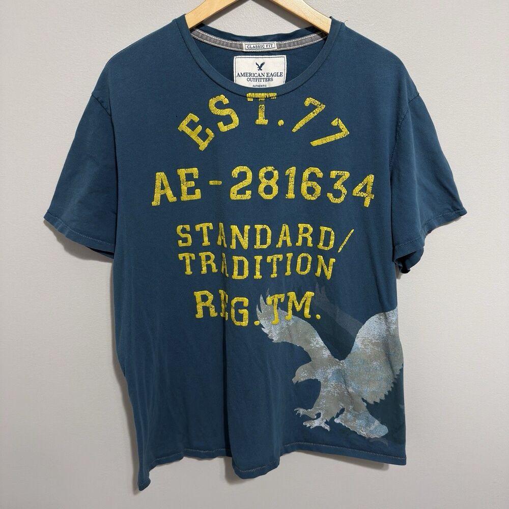 American Eagle Y2K T-Shirt Men’s 2XL Blue Short Sleeve Grunge AOP